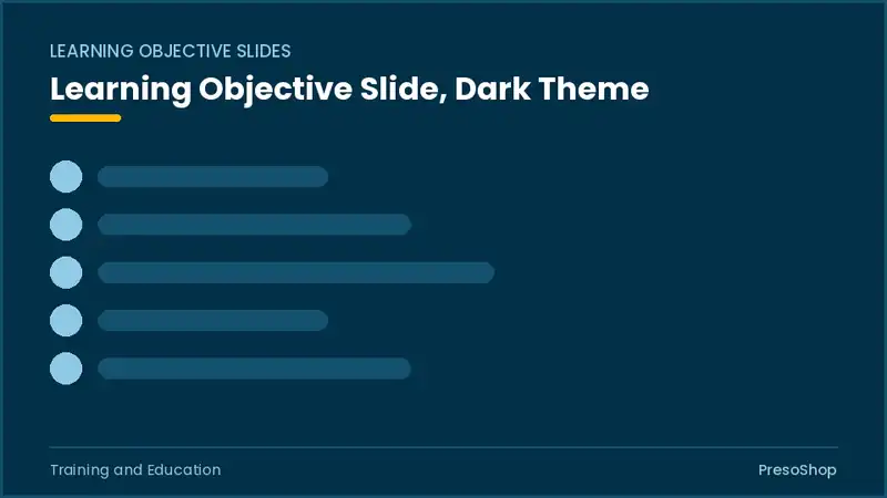 Editable PowerPoint learning objective slide template in a dark theme, built from recolourable native shapes for training and education decks