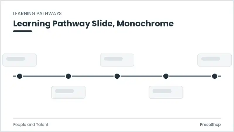 Editable PowerPoint learning pathway slide template in a monochrome treatment, built from recolourable native shapes for people and talent decks