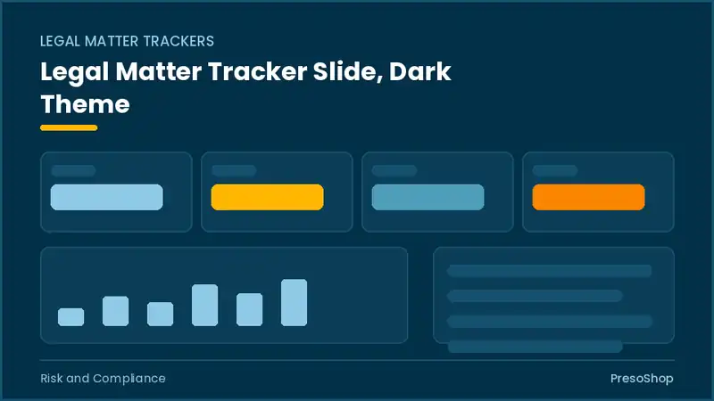 Editable PowerPoint legal matter tracker slide template in a dark theme, built from recolourable native shapes for risk and compliance decks