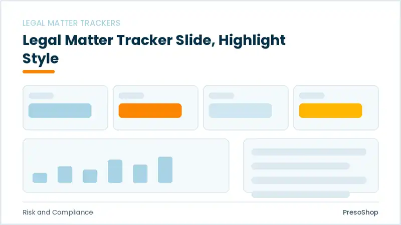 Editable PowerPoint legal matter tracker slide template with an accented takeaway, built from recolourable native shapes for risk and compliance decks