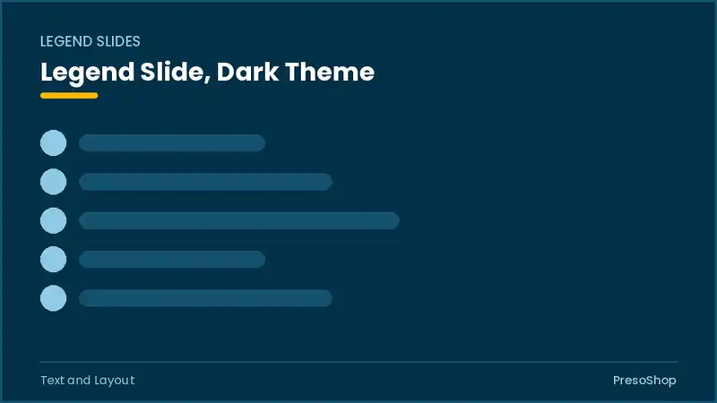 Editable PowerPoint legend slide template in a dark theme, built from recolourable native shapes for text and layout decks