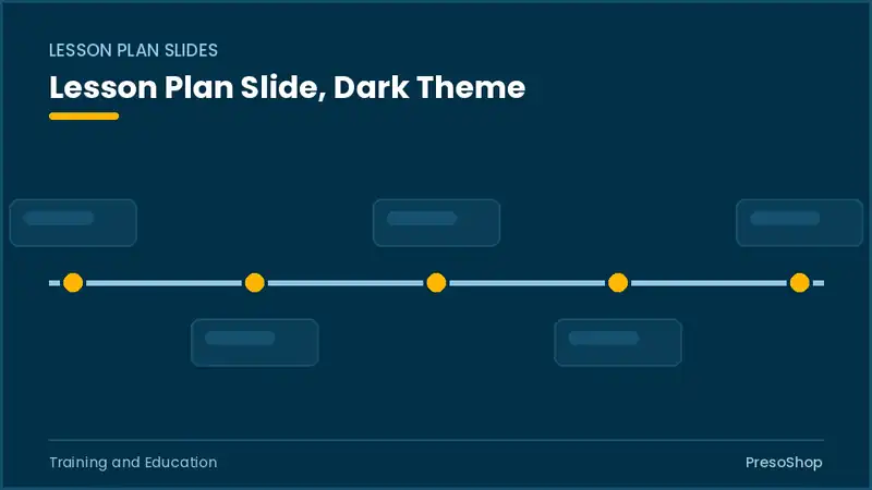 Editable PowerPoint lesson plan slide template in a dark theme, built from recolourable native shapes for training and education decks