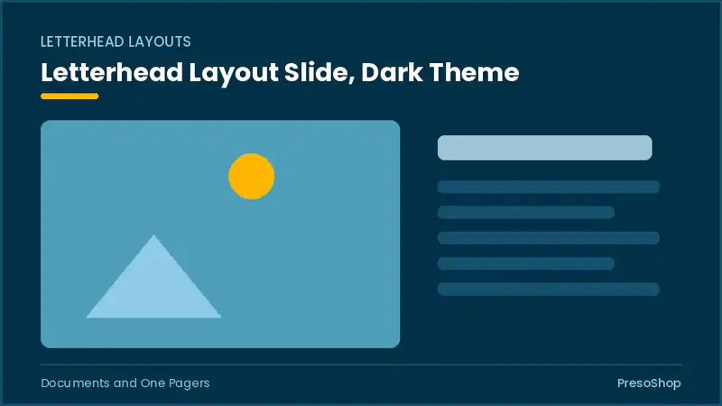 Editable PowerPoint letterhead layout slide template in a dark theme, built from recolourable native shapes for documents and one pagers decks