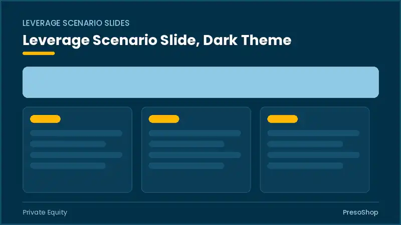 Editable PowerPoint leverage scenario slide template in a dark theme, built from recolourable native shapes for private equity decks
