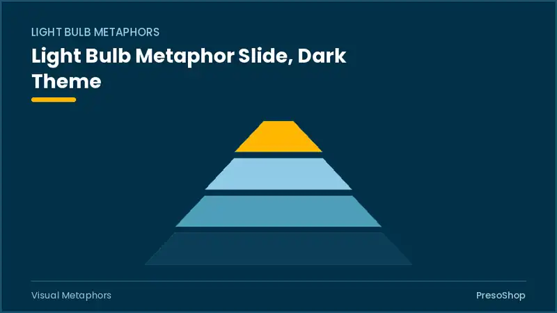 Editable PowerPoint light bulb metaphor slide template in a dark theme, built from recolourable native shapes for visual metaphors decks