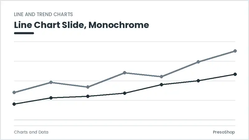 Editable PowerPoint line chart slide template in a monochrome treatment, built from recolourable native shapes for charts and data decks