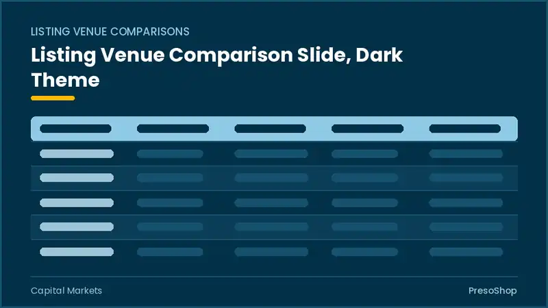 Editable PowerPoint listing venue comparison slide template in a dark theme, built from recolourable native shapes for capital markets decks