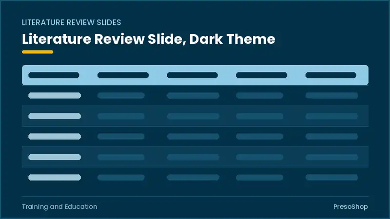 Editable PowerPoint literature review slide template in a dark theme, built from recolourable native shapes for training and education decks