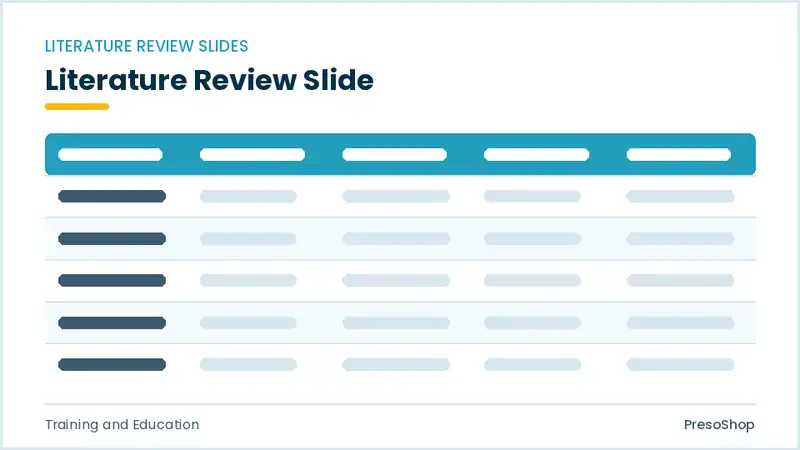 Editable PowerPoint literature review slide template, built from recolourable native shapes for training and education decks