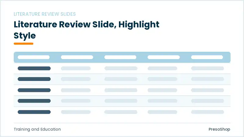 Editable PowerPoint literature review slide template with an accented takeaway, built from recolourable native shapes for training and education decks