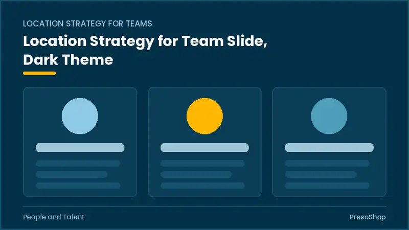 Editable PowerPoint location strategy for team slide template in a dark theme, built from recolourable native shapes for people and talent decks