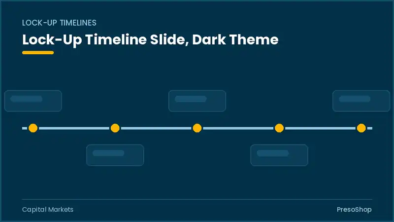 Editable PowerPoint lock-up timeline slide template in a dark theme, built from recolourable native shapes for capital markets decks