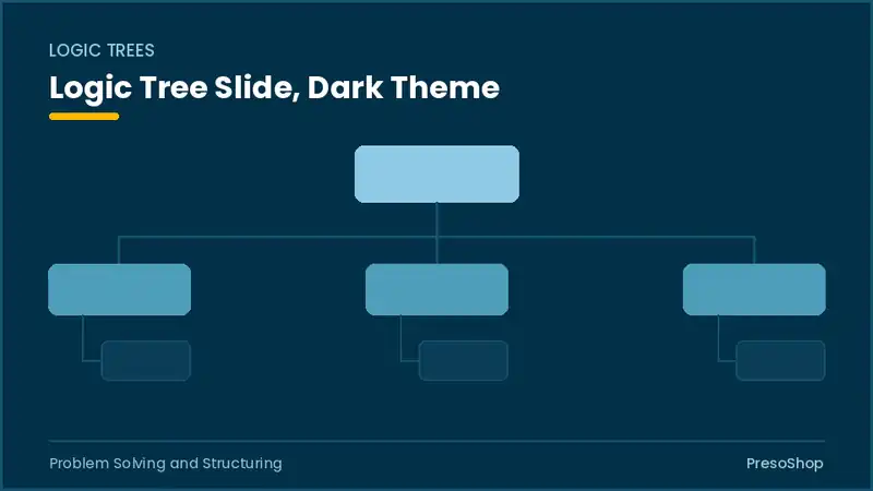 Editable PowerPoint logic tree slide template in a dark theme, built from recolourable native shapes for problem solving and structuring decks