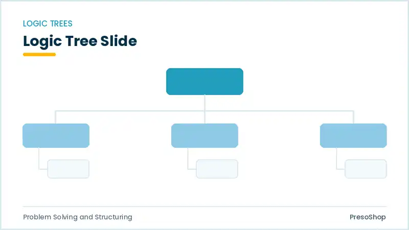 Editable PowerPoint logic tree slide template, built from recolourable native shapes for problem solving and structuring decks