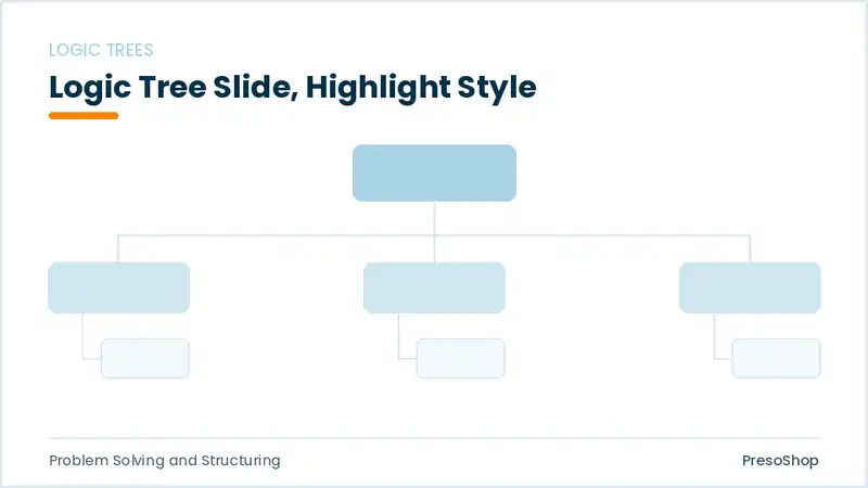 Editable PowerPoint logic tree slide template with an accented takeaway, built from recolourable native shapes for problem solving and structuring decks