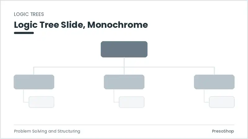Editable PowerPoint logic tree slide template in a monochrome treatment, built from recolourable native shapes for problem solving and structuring decks