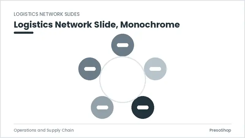Editable PowerPoint logistics network slide template in a monochrome treatment, built from recolourable native shapes for operations and supply chain decks