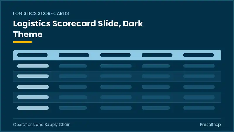 Editable PowerPoint logistics scorecard slide template in a dark theme, built from recolourable native shapes for operations and supply chain decks
