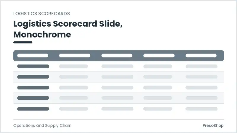 Editable PowerPoint logistics scorecard slide template in a monochrome treatment, built from recolourable native shapes for operations and supply chain decks