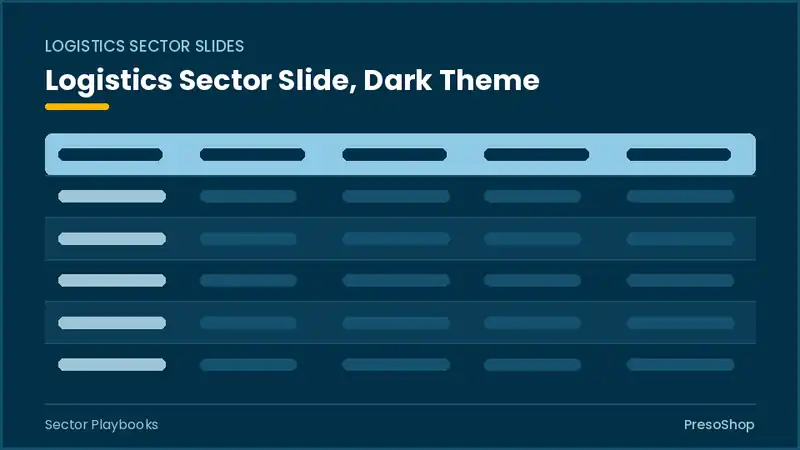 Editable PowerPoint logistics sector slide template in a dark theme, built from recolourable native shapes for sector playbooks decks