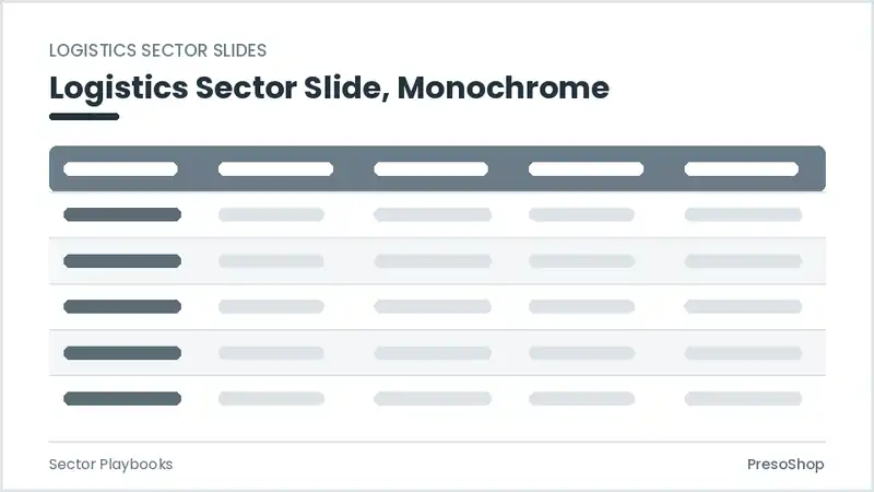 Editable PowerPoint logistics sector slide template in a monochrome treatment, built from recolourable native shapes for sector playbooks decks
