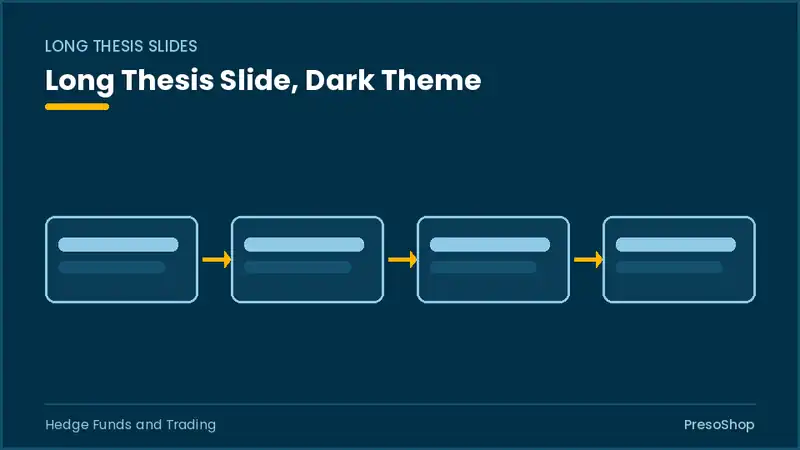 Editable PowerPoint long thesis slide template in a dark theme, built from recolourable native shapes for hedge funds and trading decks