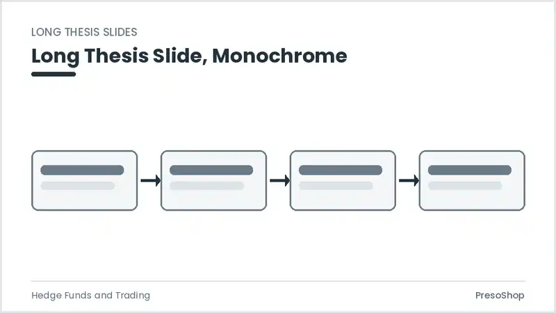 Editable PowerPoint long thesis slide template in a monochrome treatment, built from recolourable native shapes for hedge funds and trading decks
