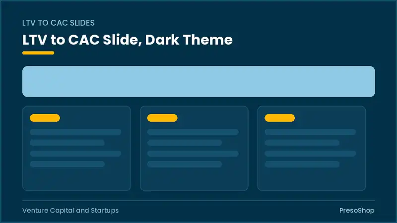 Editable PowerPoint ltv to cac slide template in a dark theme, built from recolourable native shapes for venture capital and startups decks