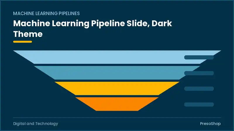 Editable PowerPoint machine learning pipeline slide template in a dark theme, built from recolourable native shapes for digital and technology decks