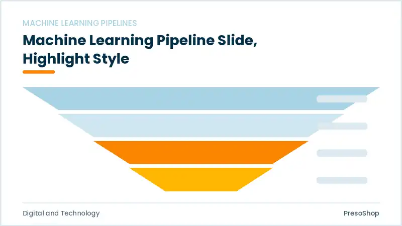 Editable PowerPoint machine learning pipeline slide template with an accented takeaway, built from recolourable native shapes for digital and technology decks