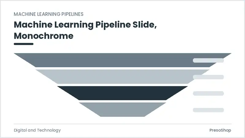 Editable PowerPoint machine learning pipeline slide template in a monochrome treatment, built from recolourable native shapes for digital and technology decks