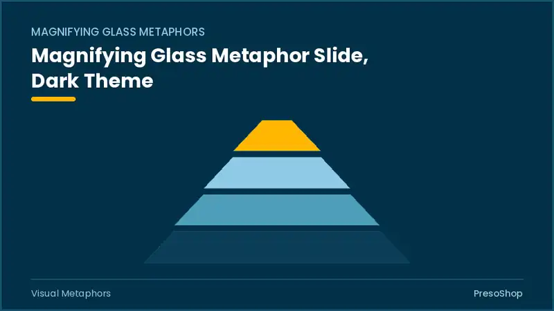 Editable PowerPoint magnifying glass metaphor slide template in a dark theme, built from recolourable native shapes for visual metaphors decks