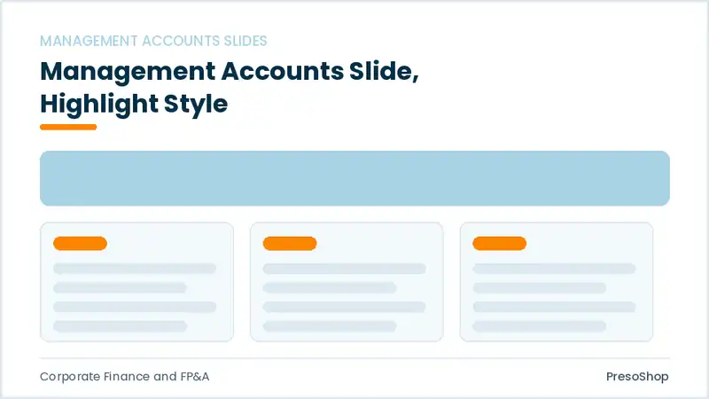 Editable PowerPoint management accounts slide template with an accented takeaway, built from recolourable native shapes for corporate finance and fp&a decks