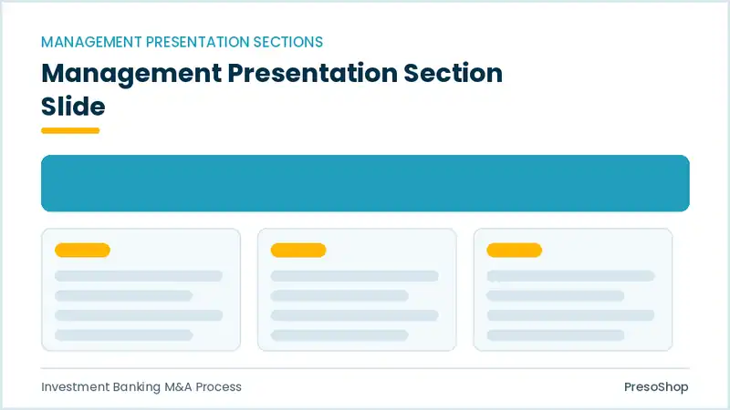 Editable PowerPoint management presentation section slide template, built from recolourable native shapes for investment banking m&a process decks