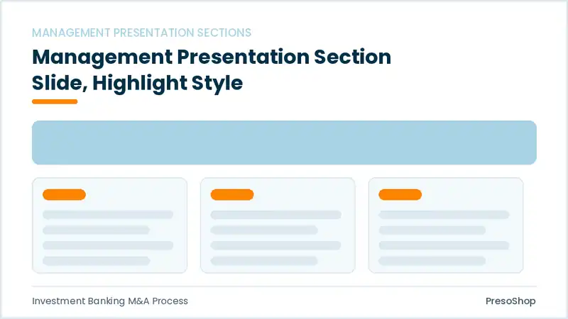 Editable PowerPoint management presentation section slide template with an accented takeaway, built from recolourable native shapes for investment banking m&a process decks