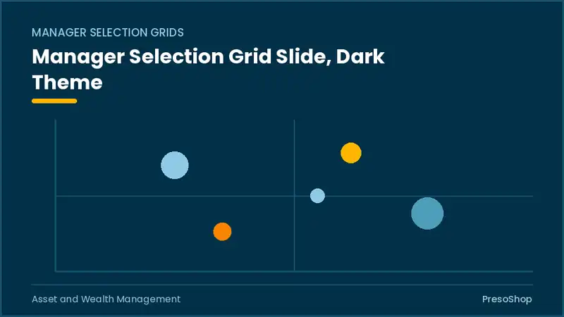 Editable PowerPoint manager selection grid slide template in a dark theme, built from recolourable native shapes for asset and wealth management decks