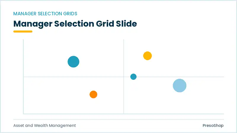 Editable PowerPoint manager selection grid slide template, built from recolourable native shapes for asset and wealth management decks
