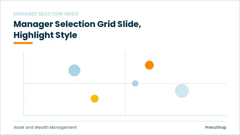 Editable PowerPoint manager selection grid slide template with an accented takeaway, built from recolourable native shapes for asset and wealth management decks