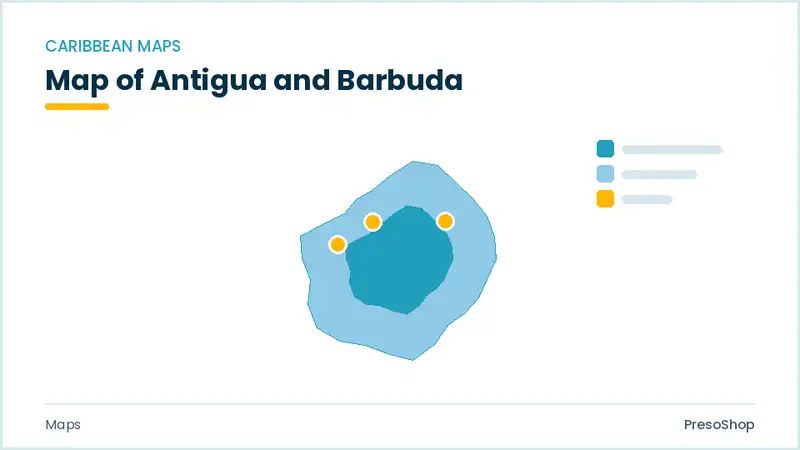 Editable PowerPoint outline map of Antigua and Barbuda in Caribbean, drawn as recolourable vector shapes for market and territory slides