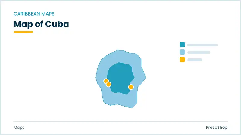 Editable PowerPoint outline map of Cuba in Caribbean, drawn as recolourable vector shapes for market and territory slides