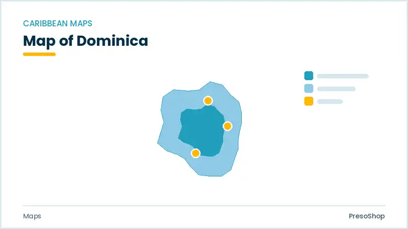 Editable PowerPoint outline map of Dominica in Caribbean, drawn as recolourable vector shapes for market and territory slides