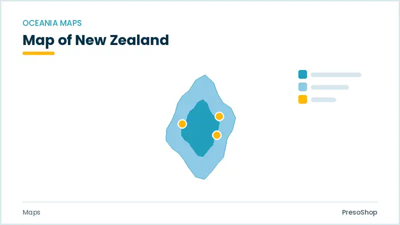 Editable PowerPoint outline map of New Zealand in Oceania, drawn as recolourable vector shapes for market and territory slides