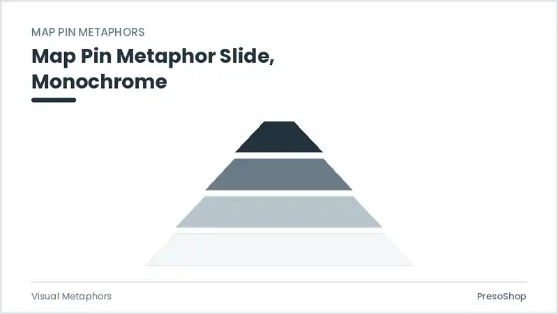 Editable PowerPoint map pin metaphor slide template in a monochrome treatment, built from recolourable native shapes for visual metaphors decks