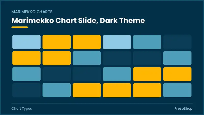 Editable PowerPoint marimekko chart slide template in a dark theme, built from recolourable native shapes for chart types decks