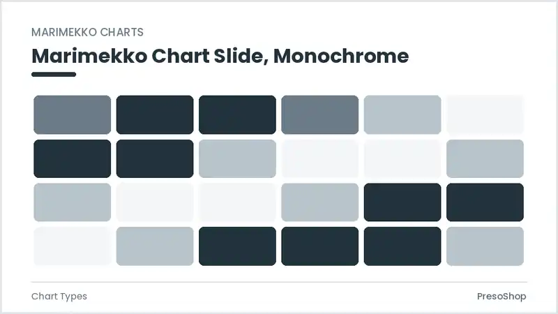 Editable PowerPoint marimekko chart slide template in a monochrome treatment, built from recolourable native shapes for chart types decks