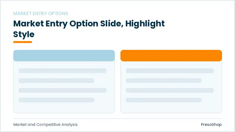 Editable PowerPoint market entry option slide template with an accented takeaway, built from recolourable native shapes for market and competitive analysis decks