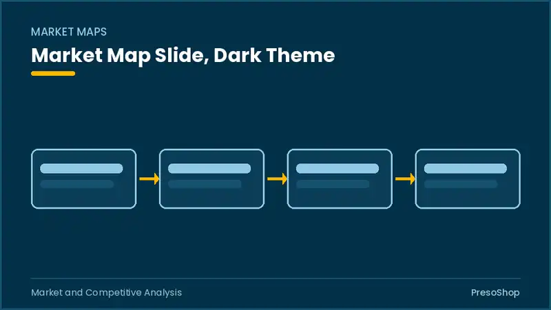 Editable PowerPoint market map slide template in a dark theme, built from recolourable native shapes for market and competitive analysis decks