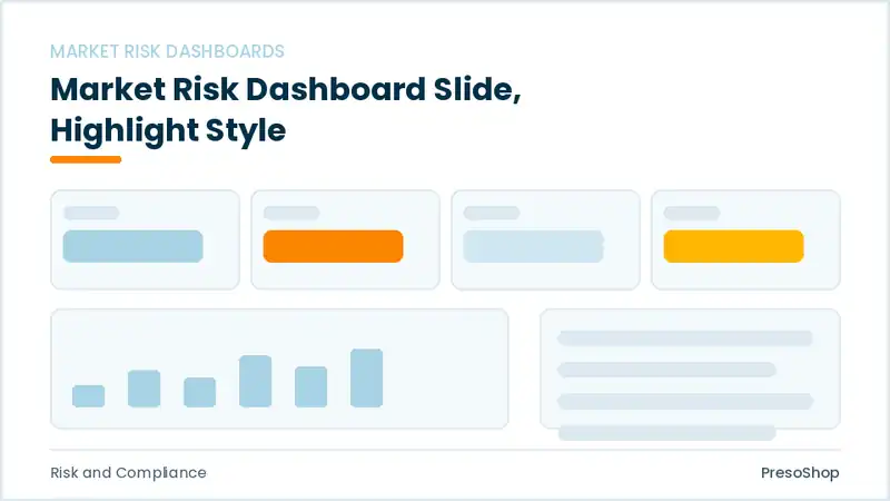 Editable PowerPoint market risk dashboard slide template with an accented takeaway, built from recolourable native shapes for risk and compliance decks