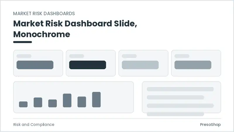 Editable PowerPoint market risk dashboard slide template in a monochrome treatment, built from recolourable native shapes for risk and compliance decks