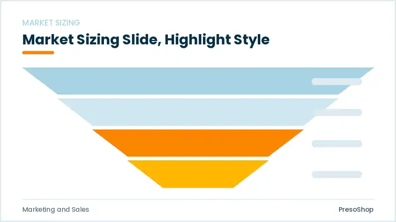 Editable PowerPoint market sizing slide template with an accented takeaway, built from recolourable native shapes for marketing and sales decks